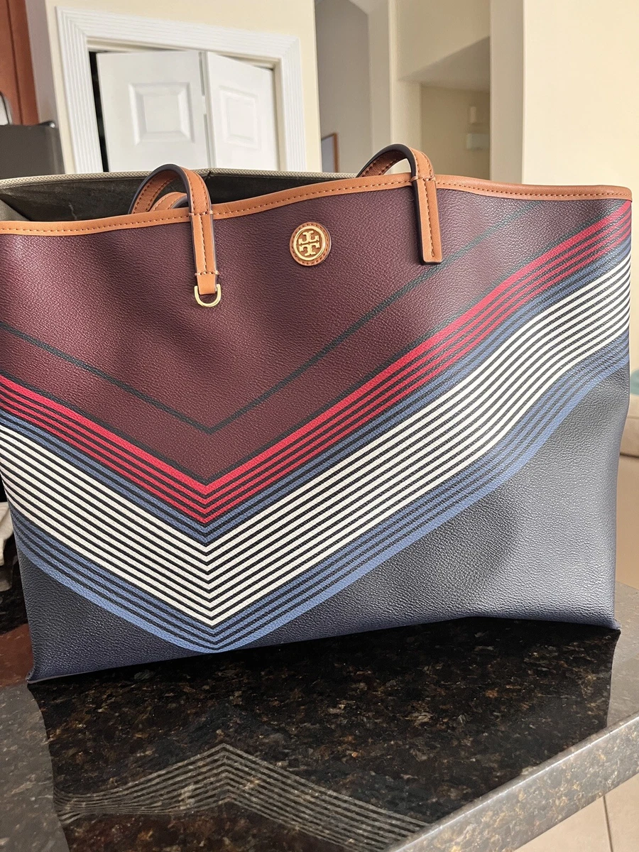 Tory Burch tote bag large multicolor striped double handle leather bag