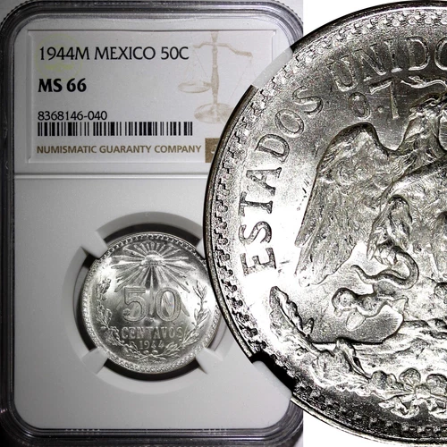 Mexico ESTADOS UNIDOS Silver 1944 M 50 Centavos NGC MS66 GEM BU KM# 447 (040)