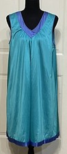 Vintage 80s Lorraine Blue Teal V-Neck Nightgown Negligee, Sz Med, USA Made