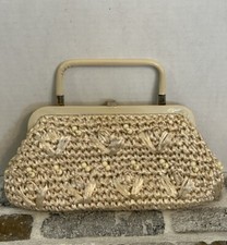 Vintage Crochet Raffia Beaded Floral Retro Purse Handbag With Plastic Handle
