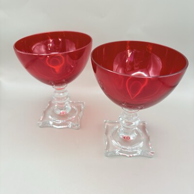 Vintage Elegant Red Cordial Wine Glasses With Clear Square Base Set Of 2