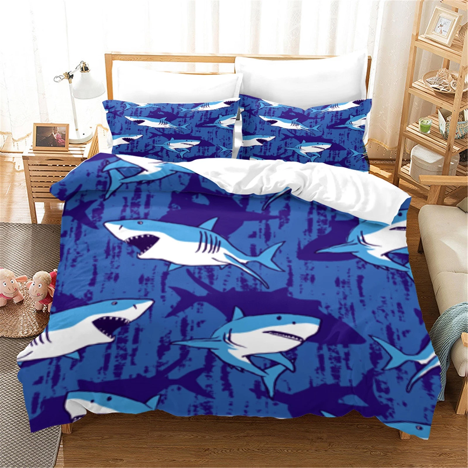 Cartoon Shark Marine Animals Duvet Quilt Cover Pillowcase Double Bedding Set