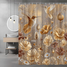 Floral Hummingbird Shower Curtain, Beige Gold Wildflower Print