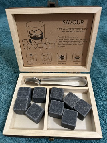 Savour Whiskey Stone Set With Wood Box Tongs 9 Stones