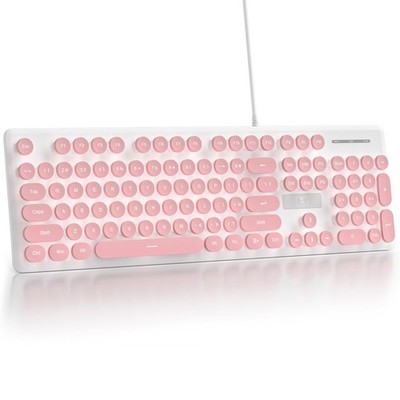 Wired Retro Typewriter Keyboard Quiet Full Size Membrane White LED Pink