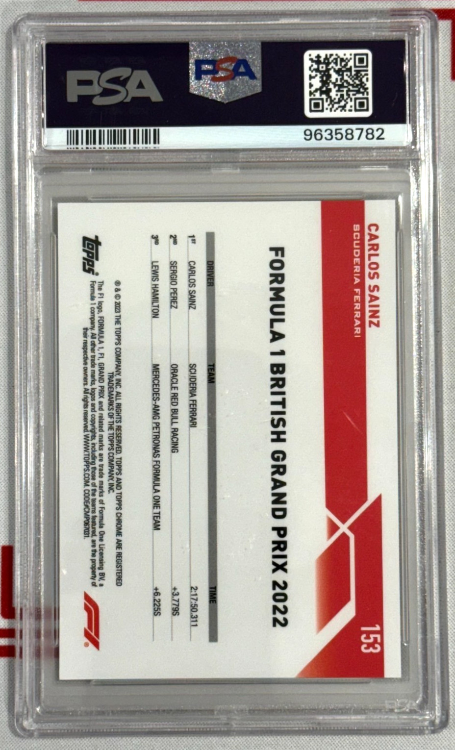 2023 Topps Chrome Formula 1 F1 #153 CARLOS SAINZ Red Refractor /5 PSA 10 view 2