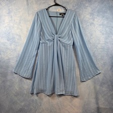 Lulus Light Blue Metallic Striped V-Neck Bell Sleeve Mini Dress Womens Size S