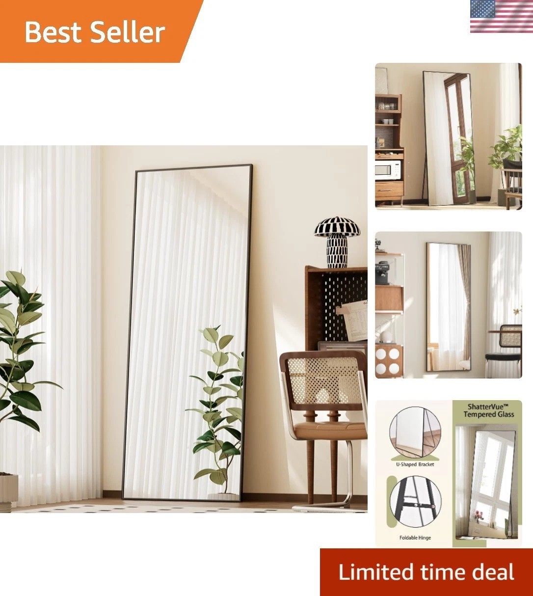 56"x21" Modern Full-Length Mirror - Black Aluminum Frame, Sh