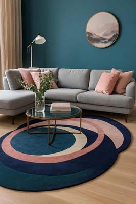 Handgetufteter Wollteppich: Abstraktes geometrisches Kreisdesign