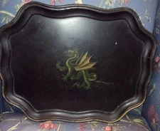 VTG MCM RARE DRAGON TIN TOLEWARE TRAY BLACK SCALLOPED EDGE 10X20" HND PTD READ