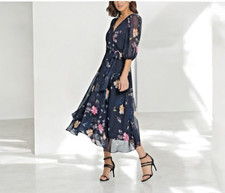 DKNY Navy Blue Midi Floral-Print Faux-Wrap Dress Size 10 Fit and Flare