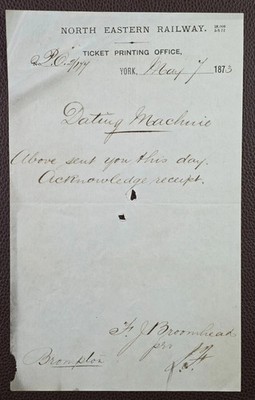 1873 North Eastern Railway Ticket Druckerei Brief von York nach Brompton