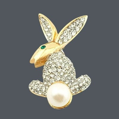 Kenneth Jay Lane KJL Rabbit Brooch Pave Crystals Green Crystal Eye, Pearl Tail