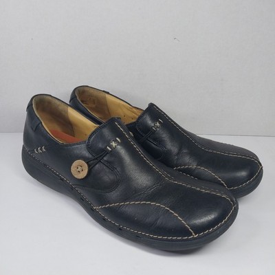 Clarks Unstructured Womens Size 11 N Button Slip on Black Leather Loafers Shoes