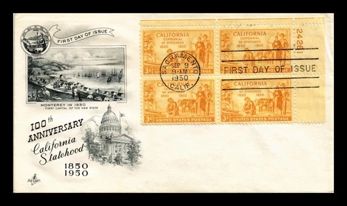 US COVER CALIFORNIA STATEHOOD CENTENNIAL FDC SCOTT 997 PLATE BLOCK ARTCRAFT