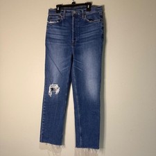 RE/DONE 70s Ultra High Rise Stove Pipe Jeans Distressed Frayed Hem Denim