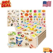 8 Wooden Montessori Puzzles for Toddlers Ages 1  3 Alphabet Numbers Animals