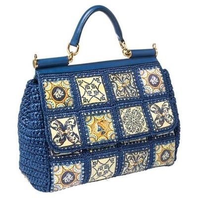 Dolce & Gabbana Blue Leather Raffia Miss Sicily Majolica Tile