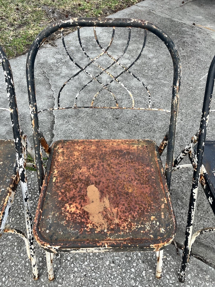 (1) Sillas plegables vintage de acero de mediados de siglo para patio exterior respaldo de celosía Foto 4 de 4