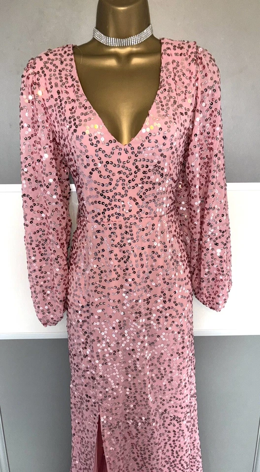 Elegante Maxi Vestido Rosa Lentejuelas Noche Crucero Boda Fiesta Baile de graduación Cóctel Talla 10 Foto 3 de 4