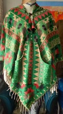 Hooded Festival Poncho Lightweight But Cosy. Green Orange Cream