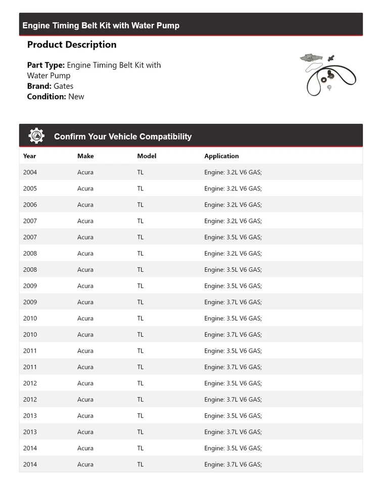 Kit de correa de distribución del motor Acura TL 2004-2014 con puertas de bomba de agua 2005 2006 Foto 2 de 4