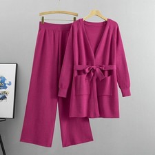 Womens Knitted Suit Long Sleeve Sweater Leg Pants Sets Long Cardigan Outfits Hot