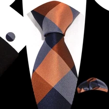 Classic Checks Blue Orange Jacquard Silk Men's Tie Necktie Hanky Cufflink Set