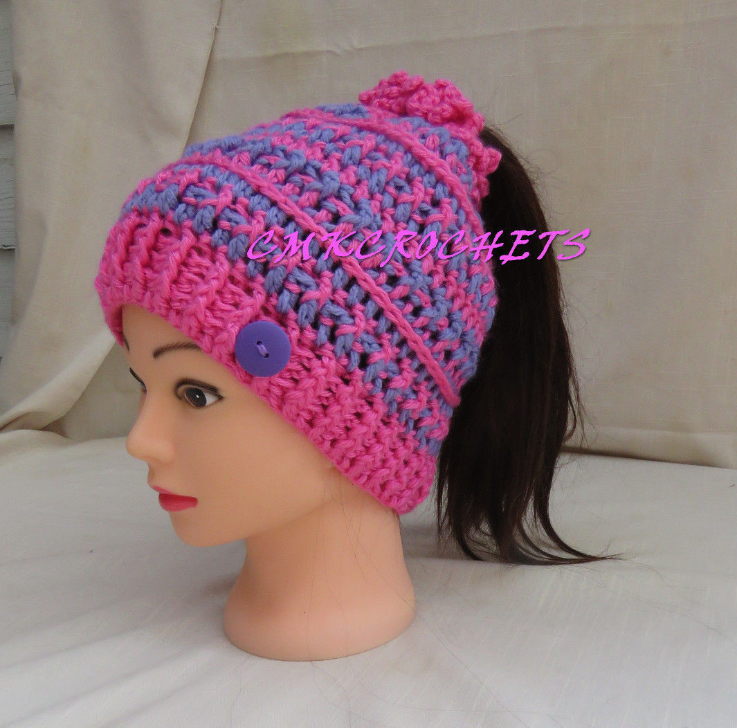 Handmade Hand Crafted Knit Messy Bun Hat adult/teen size purple pink Purple and blue plaid messy bun hats for sale main image 3