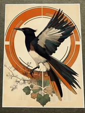 Vintage Magpie Art Nouveau Style Bird Illustration Poster 18x24in