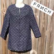 Frnch Anthropologie Small Diamond Geometric Jacket Coat Blue Black Top White