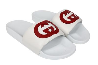 GUCCI ホワイトレザー スライドミュール Gucci Mens White Leather Interlocking G Slide Sandals Size 8G /US