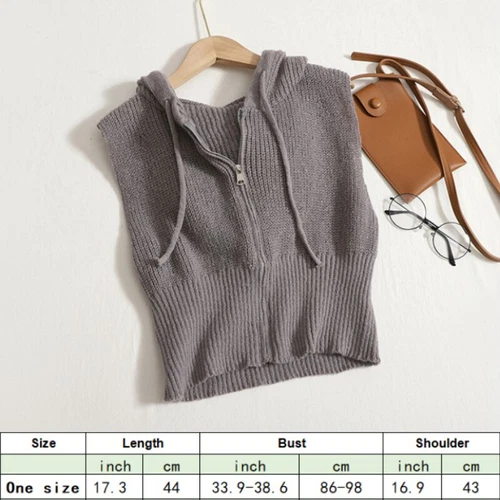 Women Knitted Waistcoat Gilet Zipper Crop Cardigan Hooded Vest Top Hooded Casual - Picture 6 of 19
