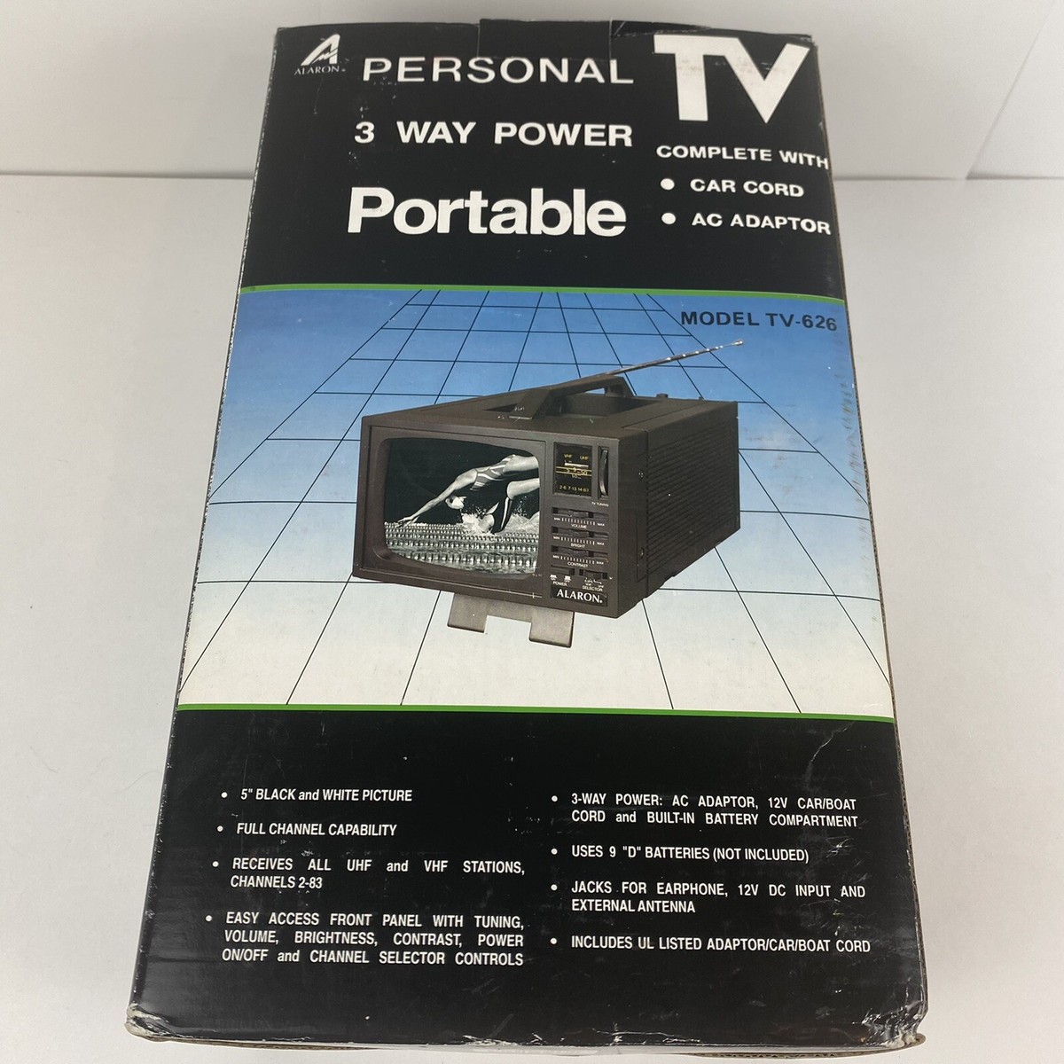 Vintage Alaron Portable 3 way power 5” B&W TV Model TV-626 - NEW