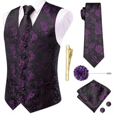 Flower Mens Silk Suit Vests Black Purple Flower Vest and Tie Lapel Pin Set Pa...
