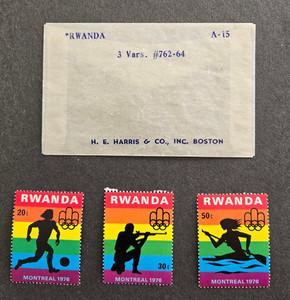 Rwanda Set of 3 stamps, Montreal Olympics, includes glassine envelope STLC