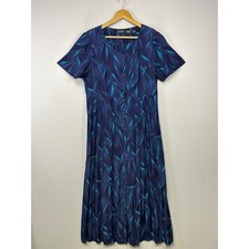 Vintage 90s Liz Claiborne Womens 10 Navy Blue Teal Leaf Print Rayon Midi Dress