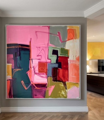 Premium Luxury Pink Abstract Expressionism 125x125cm Framed White/Acrylic Glass