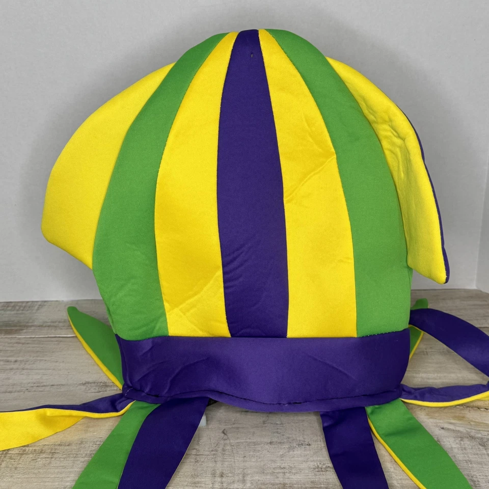 Fantasia chapéu lula Mardi Gras roxo amarelo verde tentáculo pelúcia - Imagem 4 de 4