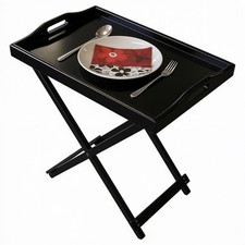 Image of Folding Black Wooden Portable Butler Breakfast Dinner Serving Tray Side Table