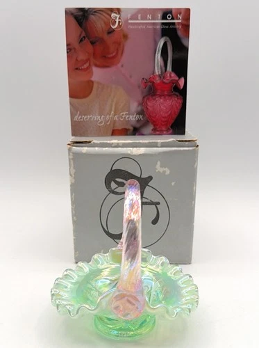 Fenton Willow Green Mini Basket Opalescent/Aztec with Pink Chiffon Handle-4 in.