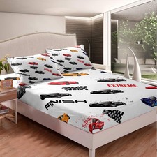 Race Car Fitted Sheet for Boys Girls Sports Bed Sheet Set Twin Size Kids Todd...