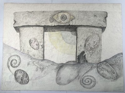 Mixed Media Pencil Drawing Large Abstract Stone Hedge Eye 22x30  Surreal Art