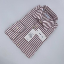 Eton Dress Shirt Men XL 17 1/2 - 44 White Brown Striped Signature Twill Slim Fit