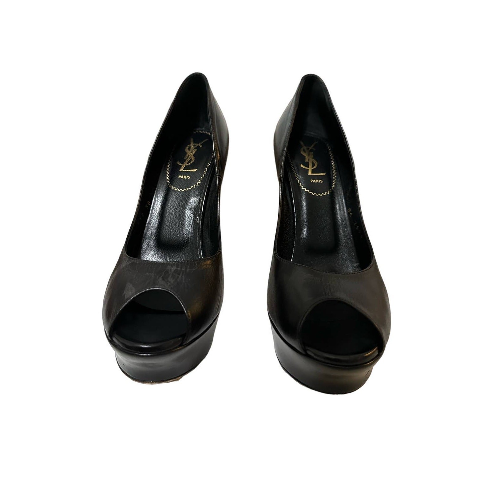 Decolte Yves Saint Laurent nere in pelle punta aperta plateau grosso taglia 38