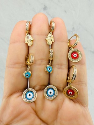 10k Gold Ohrringe - Huggie Evil Eye Greek Protector Hamsa Palme - Aretes Ojo ECHT
