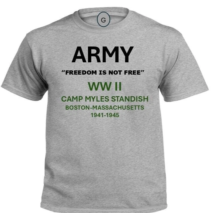 CAMP MYLES STANDISH*MASSACHUSETTS* 1941-1945*WW II*PT SHIRT. OFFICIALLY LICENSED