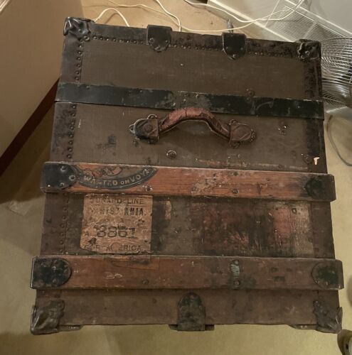 Early 20th Century Fully Fitted Flat Top Steamer Trunk Cunard Christiania Label - Picture 5 of 12