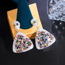 Beauty Cubic Zirconia CZ Baguette Cut Cluster Triangle Long Dangle Drop Earrings