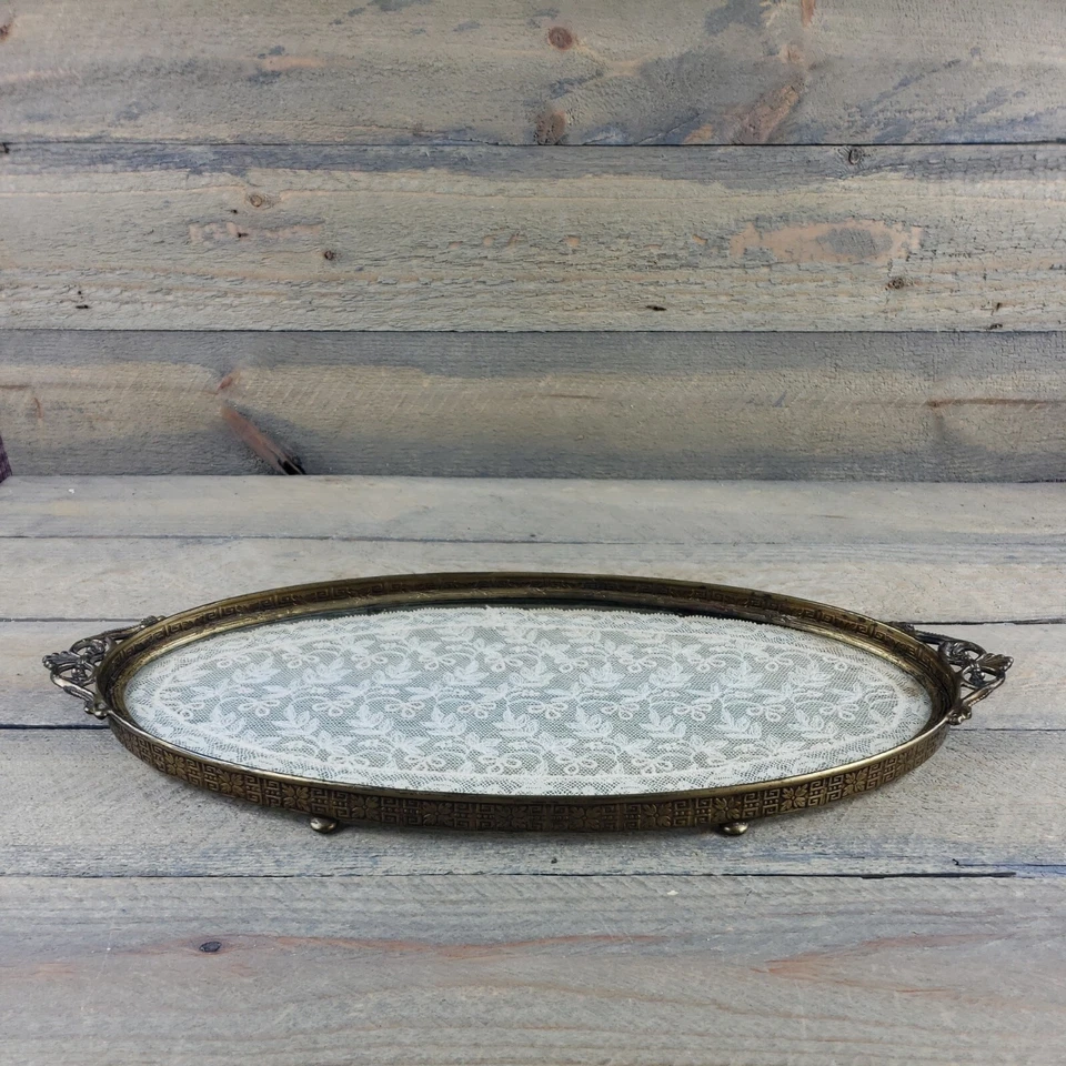 Bandeja de vidrio victoriana vintage tocador con tela de encaje dentro marco de latón Foto 4 de 4